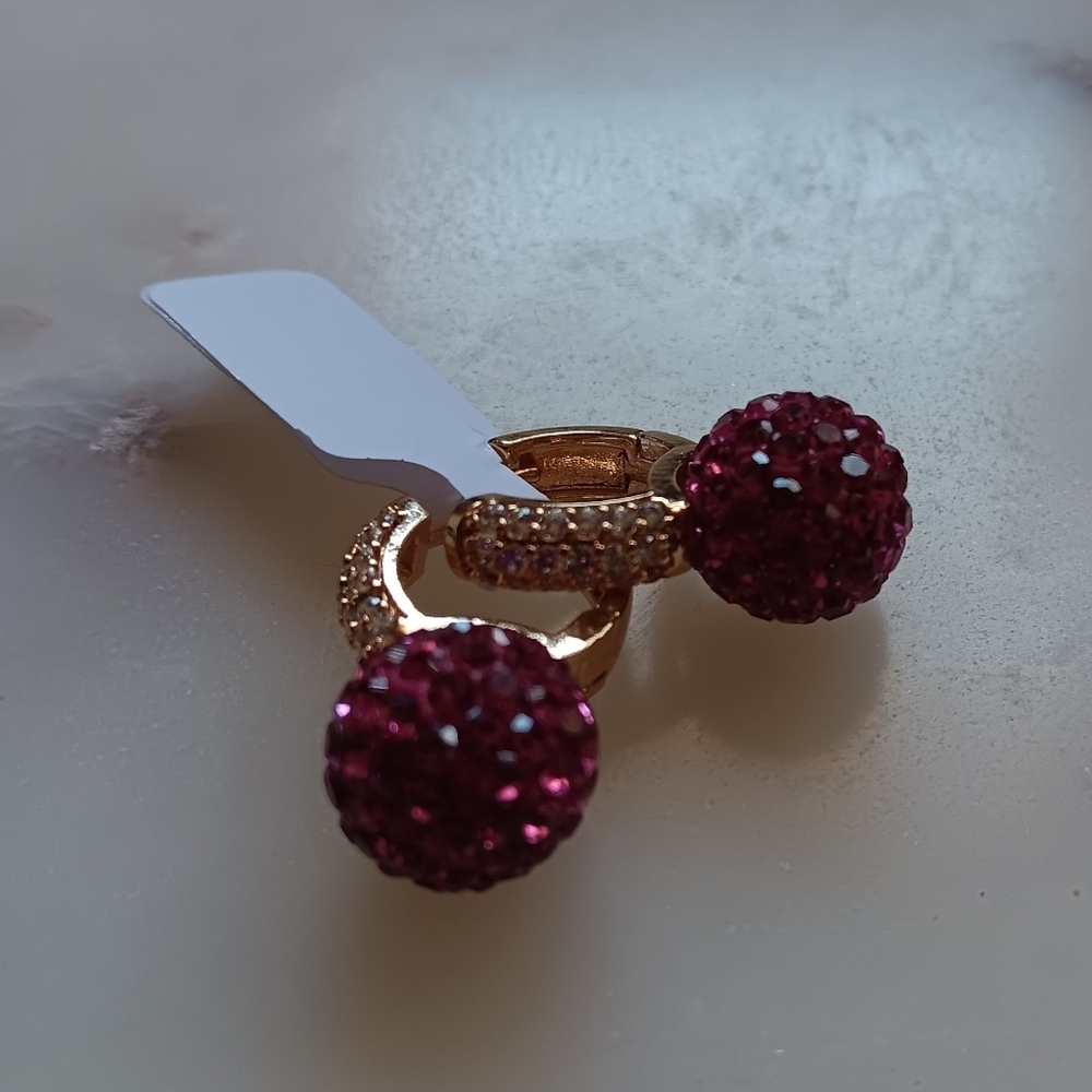 Gold plated pink crystal hoop earrings diamonds simulated